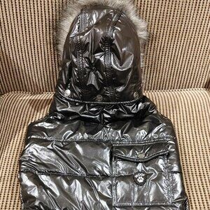 Hotel Doggy Black Hooded Dog Coat Sz L Pocket Detachable Hood Pleather Look